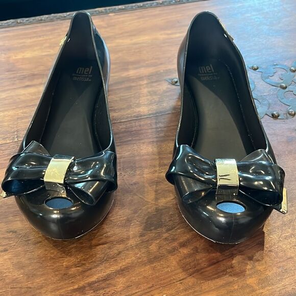 MELISSA ULTRAGIRL SWEET XVII Black and Gold Shimmer Jelly Peep-Toe, 4! - Picture 2 of 8